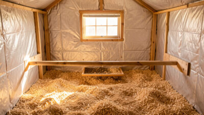 Clean insulated walk-in chicken coop interior with pine shaving deep litter and a roost poop board