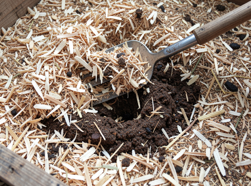 Deep litter floor of pine shavings inside an insulated walk-in chicken coop, partially turned to show dark composting layer beneath