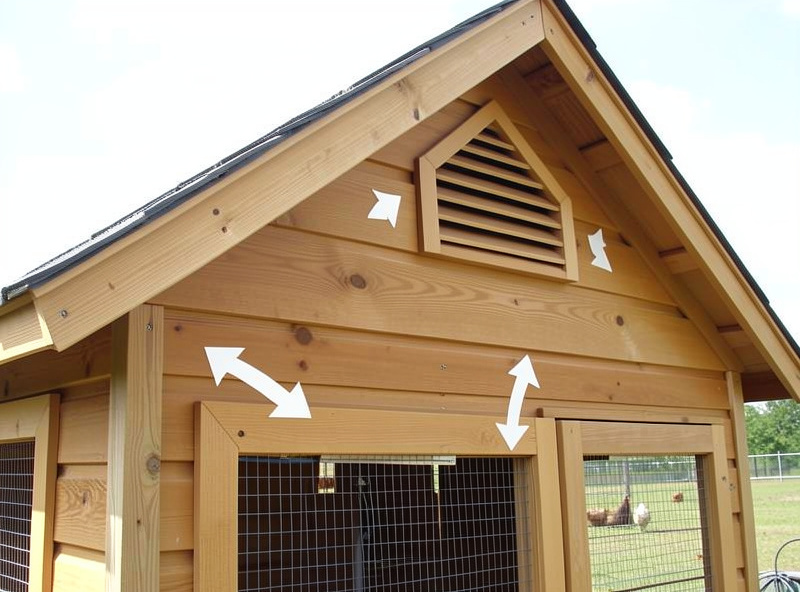 High ridge vent and low soffit intake on a wooden coop showing passive cross-flow ventilation path