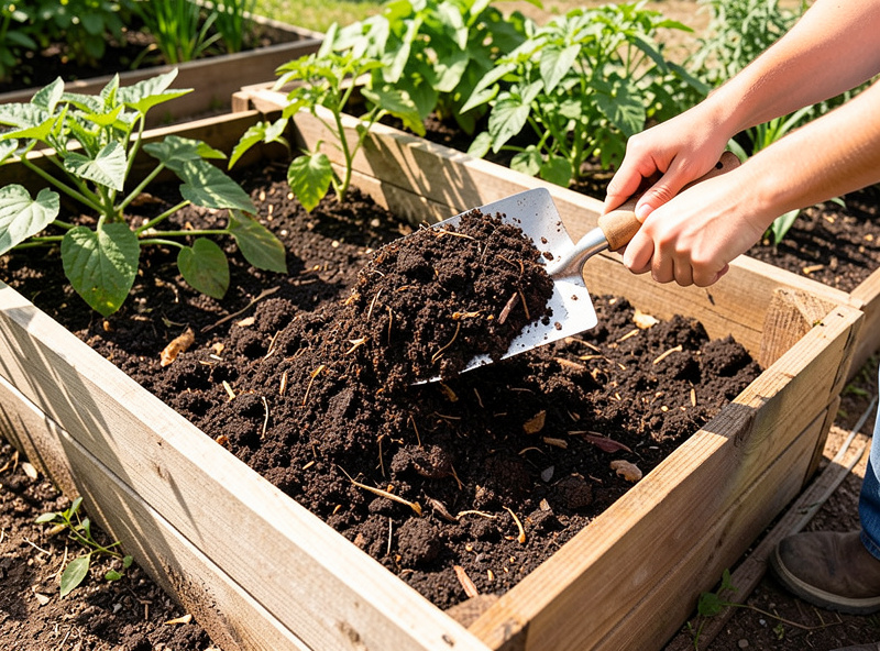 Finished dark crumbly compost made from chicken coop bedding and manure being spread on a raised garden bed