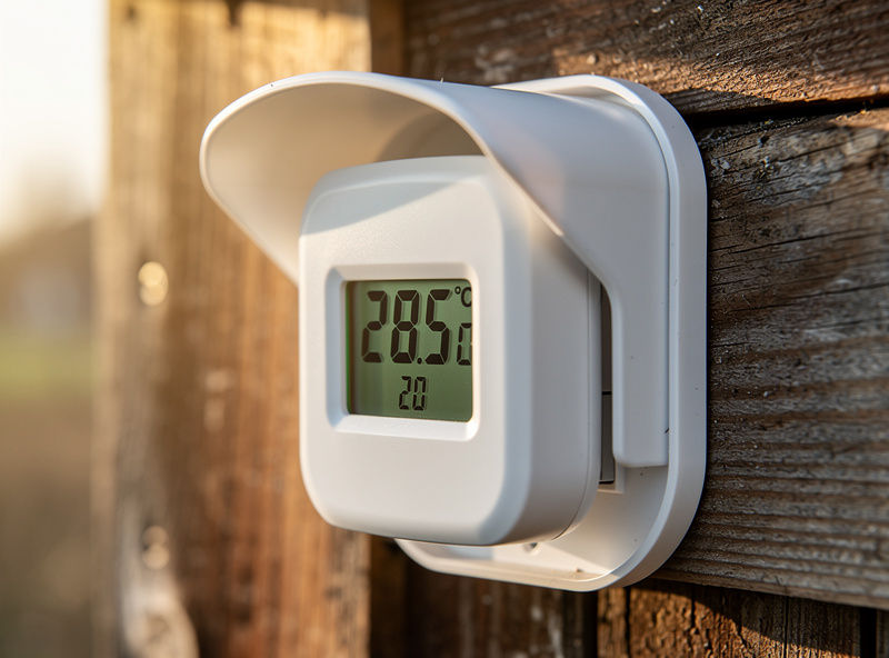 Digital smart home temperature sensor showing 28.5°C with humidity reading mounted on coop wall
