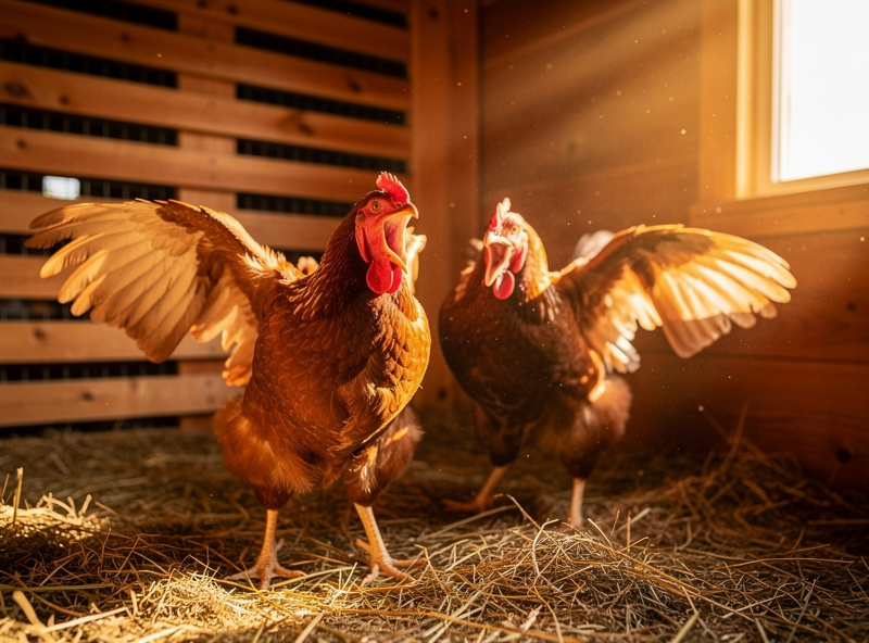 Chickens panting with open beaks and spread wings showing heat stress behavior in a coop