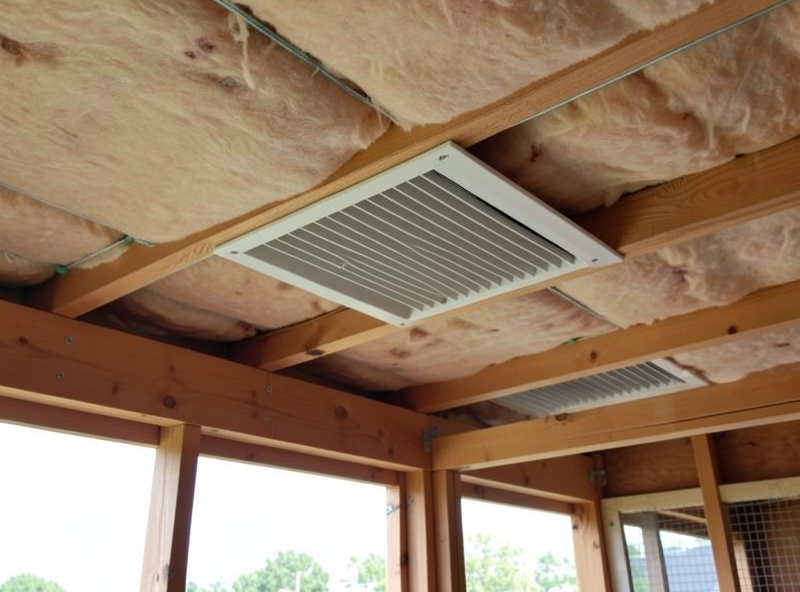 High ridge and soffit vents on an insulated walk-in chicken coop showing the airflow path above the roost