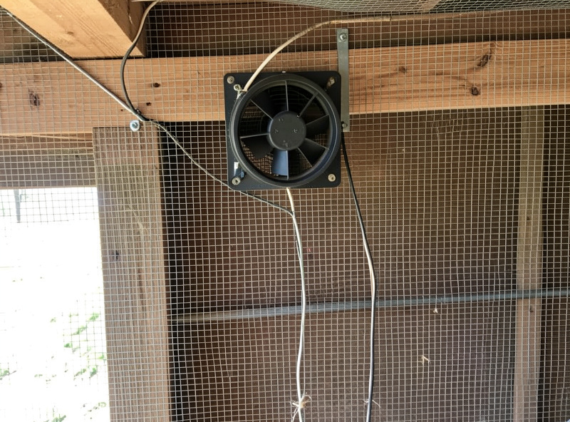 Thermostat-controlled exhaust fan mounted high in a chicken coop wall behind hardware cloth