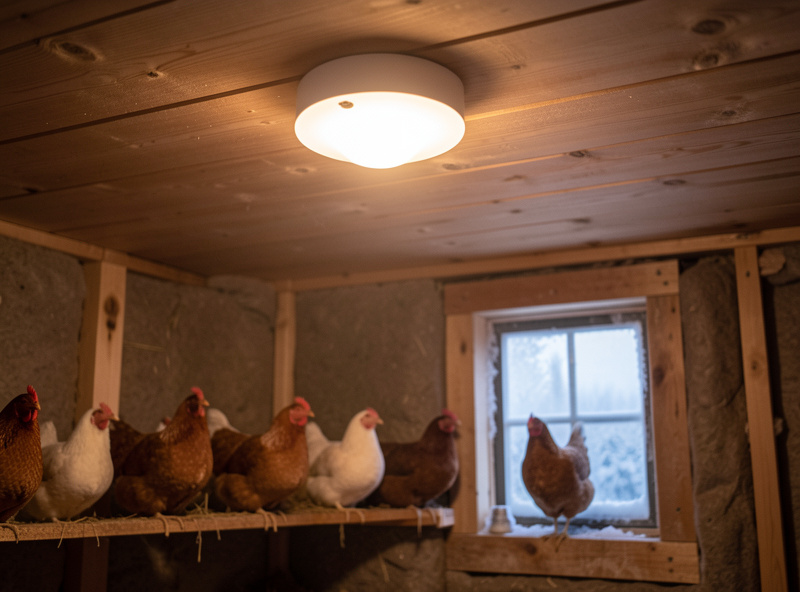 Warm-white LED light fixture mounted on the ceiling of an insulated chicken coop glowing before dawn