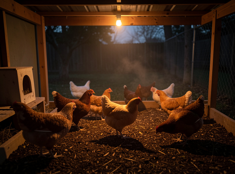 Backyard hens feeding under a soft warm coop light in pre-dawn darkness with breath visible in the cold