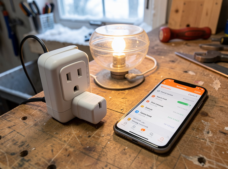 Outdoor outlet timer and smart plug wired to a coop light with a phone showing a sunrise-offset schedule
