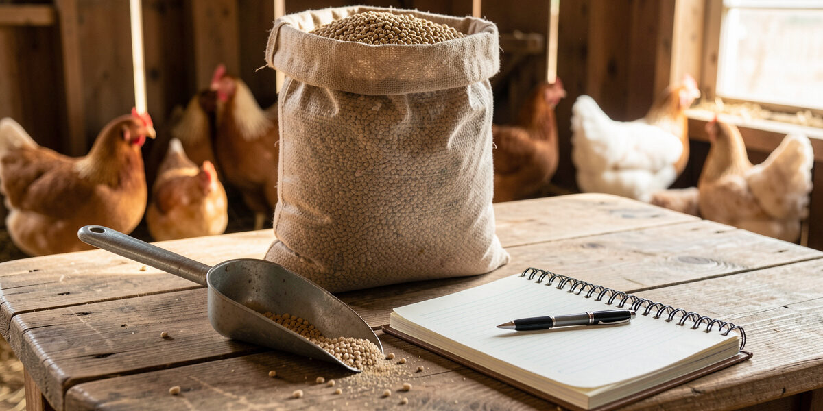 Feed sack, scoop and a budgeting notebook representing the cost of raising meat chickens
