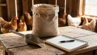 Feed sack, scoop and a budgeting notebook representing the cost of raising meat chickens