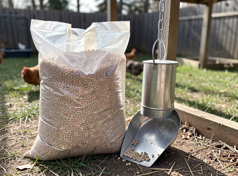 A bag of broiler feed and a feed scoop beside a feeder in a backyard setup