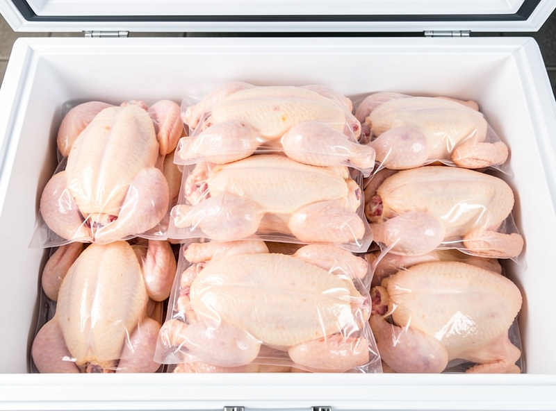 Whole home-raised chickens packaged and stacked in a freezer