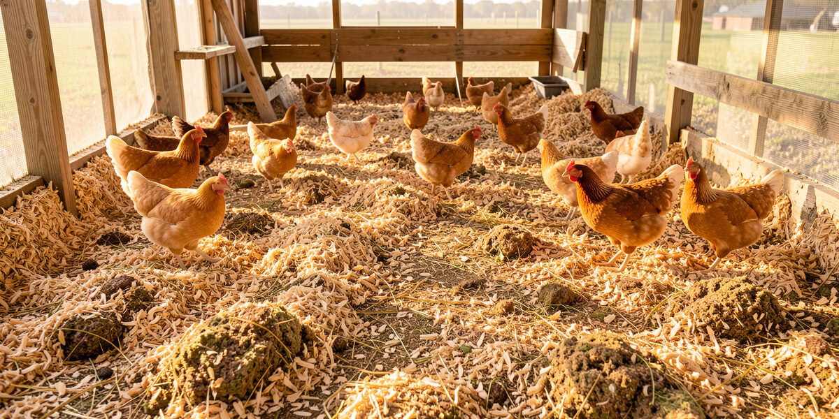 Deep litter chicken coop floor of thick pine shavings with hens scratching