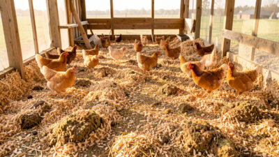 Deep litter chicken coop floor of thick pine shavings with hens scratching