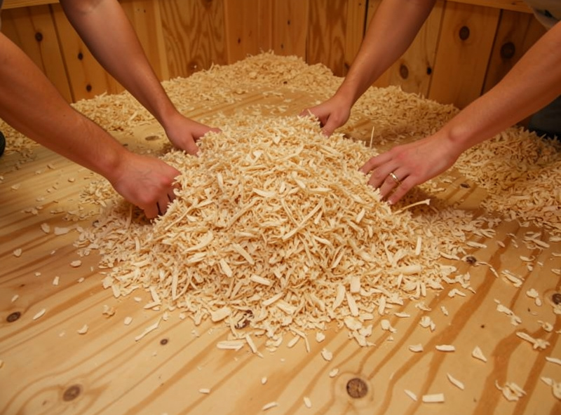 Hands laying down a thick 20 cm base layer of pine shavings on a clean plywood coop floor to start a deep litter system