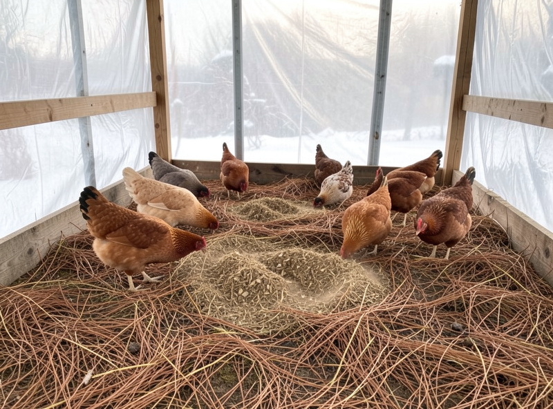 Cold-hardy hens scratching and dust-bathing in a deep dry litter bed inside an insulated coop in winter