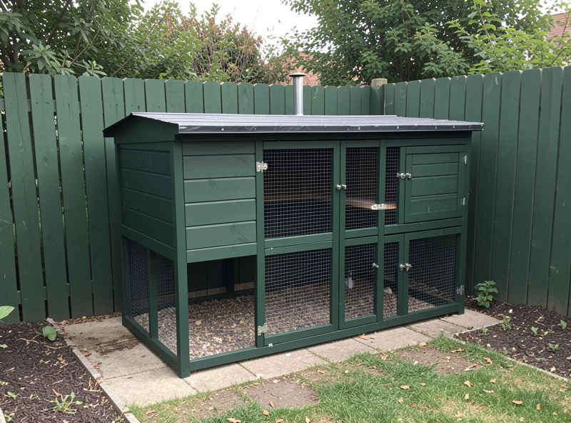 A dark green chicken coop painted to match the garden fence, blending into the backyard