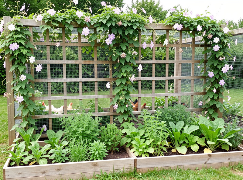 A chicken coop screened behind a trellis of climbing plants and a row of raised garden beds