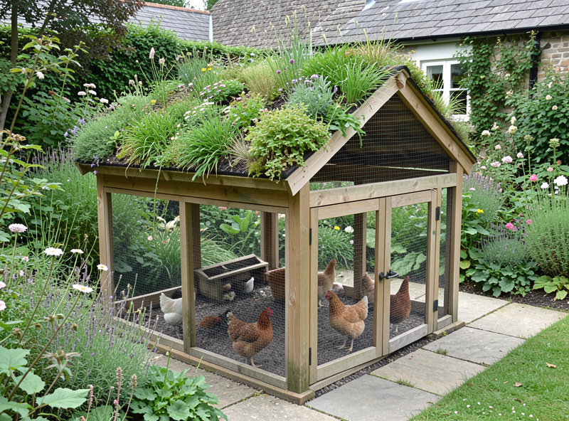 A chicken coop with a living green planted roof built to look like a garden feature in a cottage garden