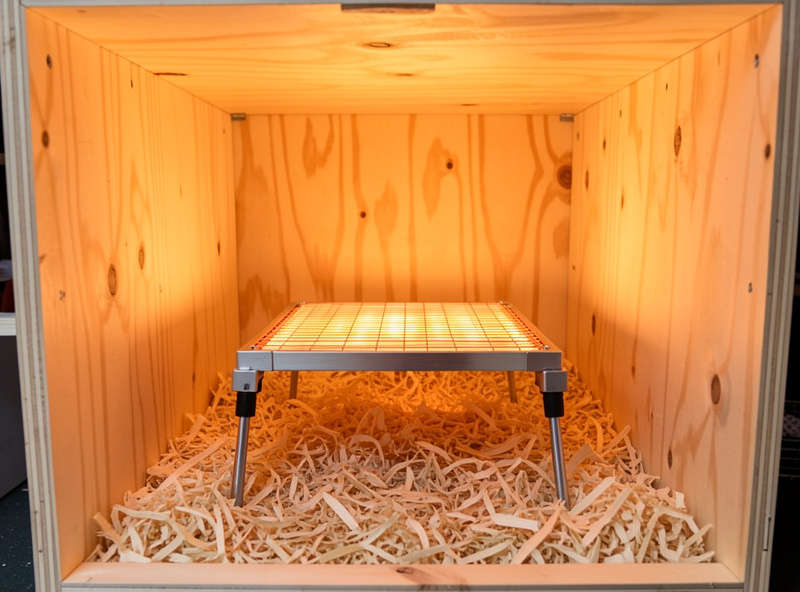 A homemade plywood chick brooder box with mesh lid and a heat plate inside