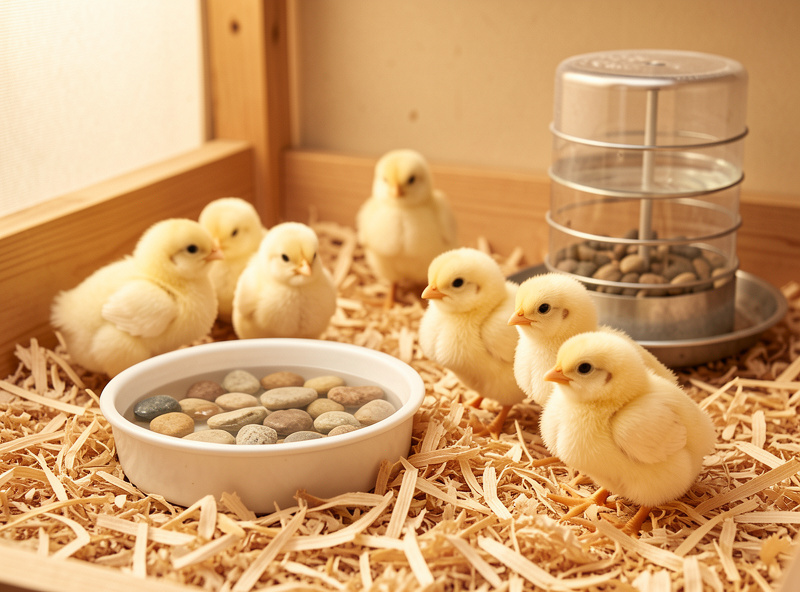 Day-old chicks in a brooder with shallow waterer, feeder, and pine shaving bedding