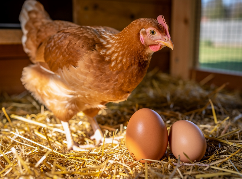 A young point-of-lay pullet beside an oversized double-yolk egg next to a normal egg for scale