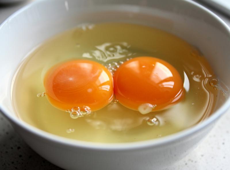 A cracked double-yolk egg in a pan showing two bright orange yolks side by side
