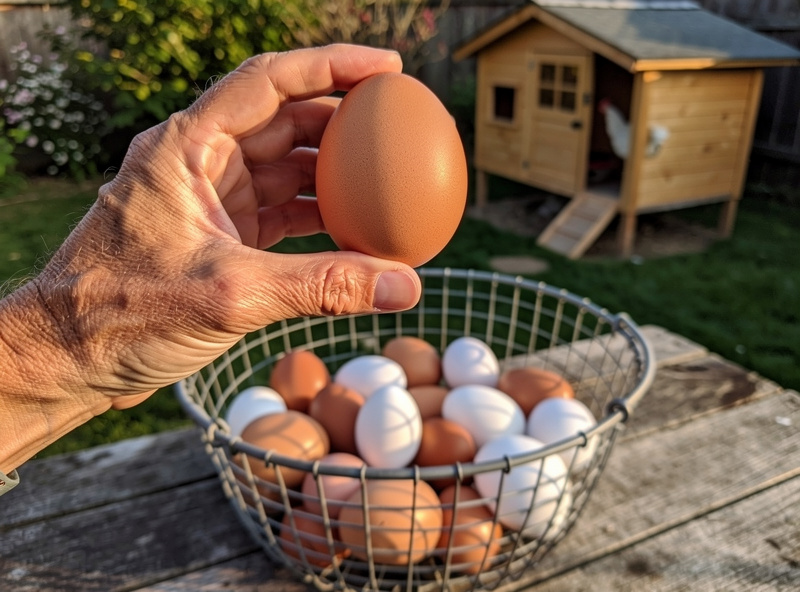 A keeper comparing an oversized double-yolk egg against several normal eggs in a collection basket