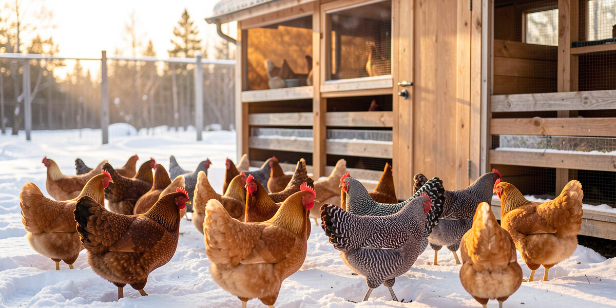 Mixed flock of heavy dual-purpose hens foraging beside an insulated walk-in coop in a snowy Nordic backyard