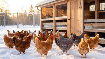 Mixed flock of heavy dual-purpose hens foraging beside an insulated walk-in coop in a snowy Nordic backyard