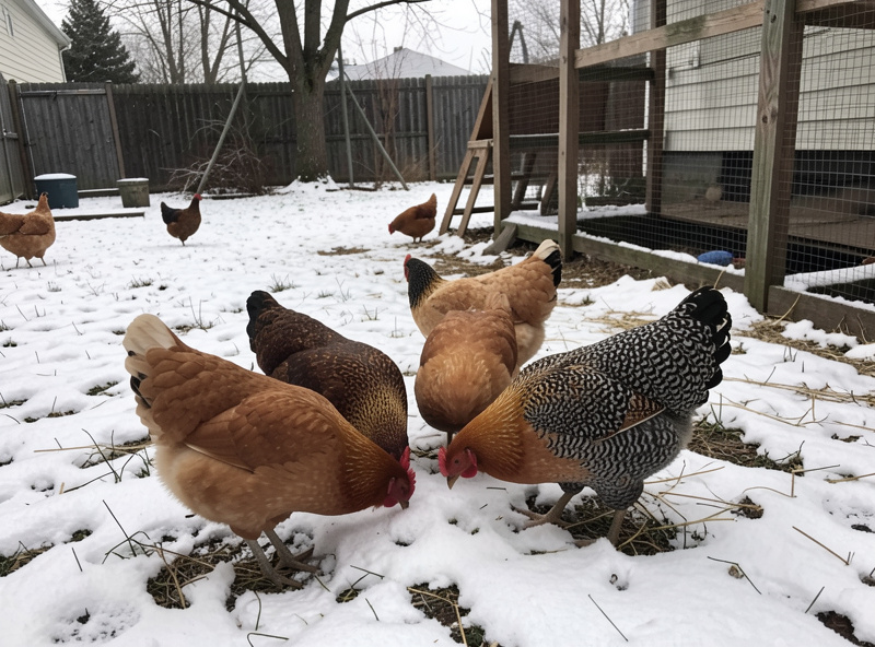 Buff Orpington and Barred Plymouth Rock hens foraging in a snow-dusted backyard run