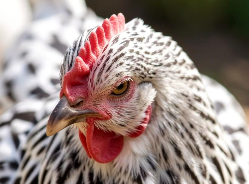 Close-up of a Silver-Laced Wyandotte showing its tight rose comb resistant to frostbite