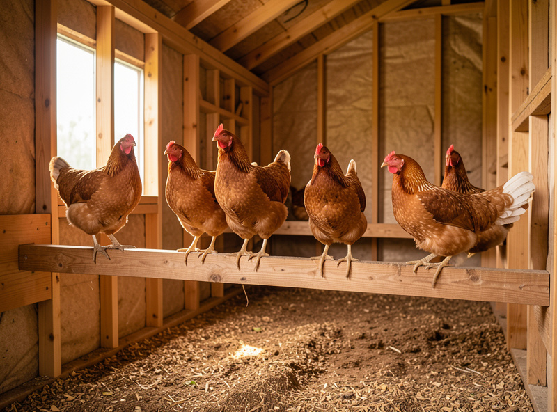 Interior of an insulated walk-in coop with heavy dual-purpose hens on a wide roost bar