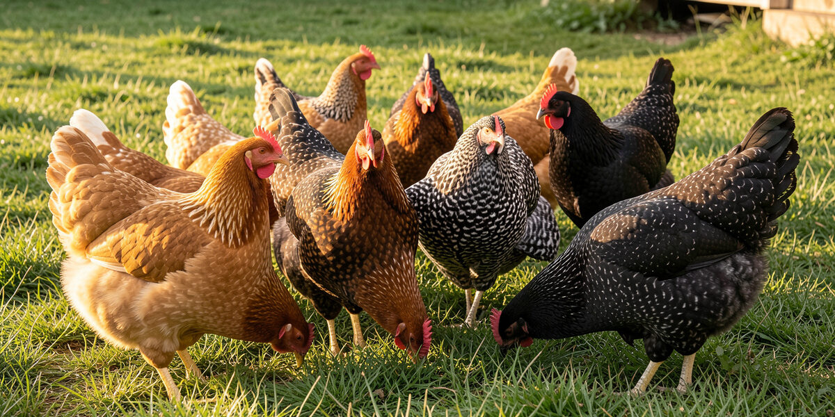 A mixed dual-purpose backyard flock of Orpington, Wyandotte and Australorp hens