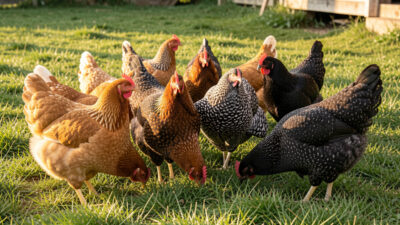 A mixed dual-purpose backyard flock of Orpington, Wyandotte and Australorp hens