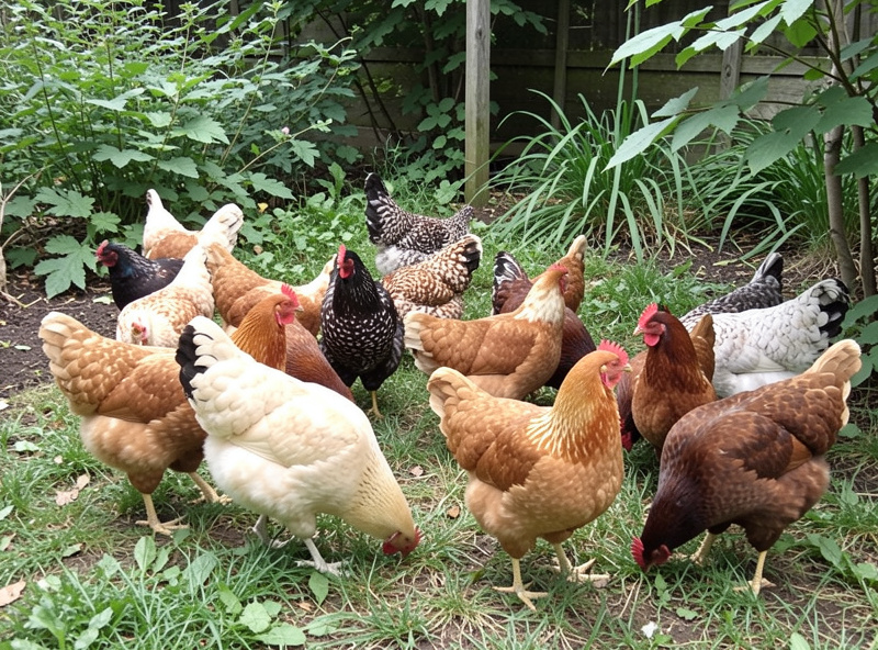 A mixed dual-purpose flock of Orpington, Wyandotte and Australorp hens foraging in a backyard