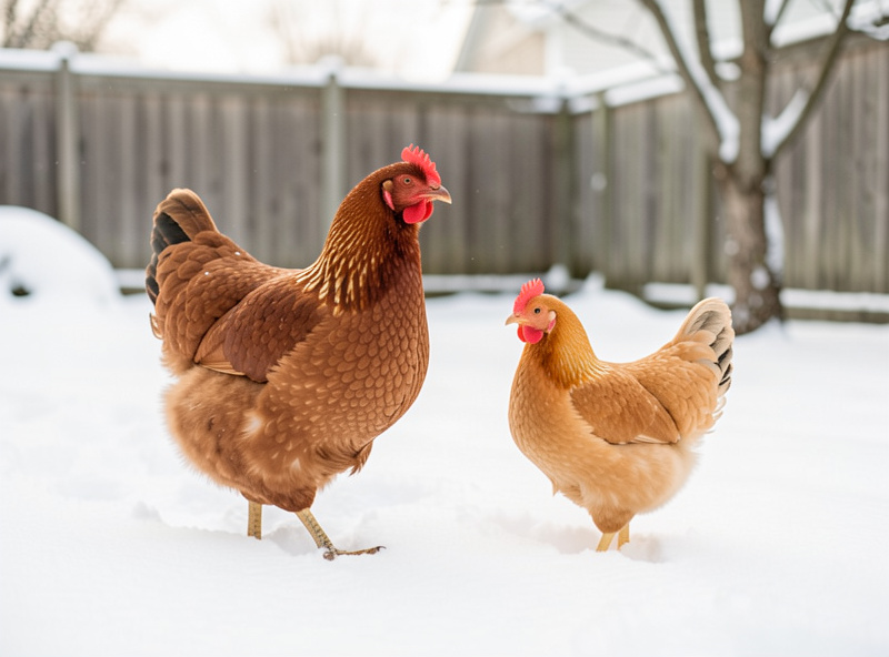 A buff Orpington hen and a young cockerel in a snowy cold-climate backyard run