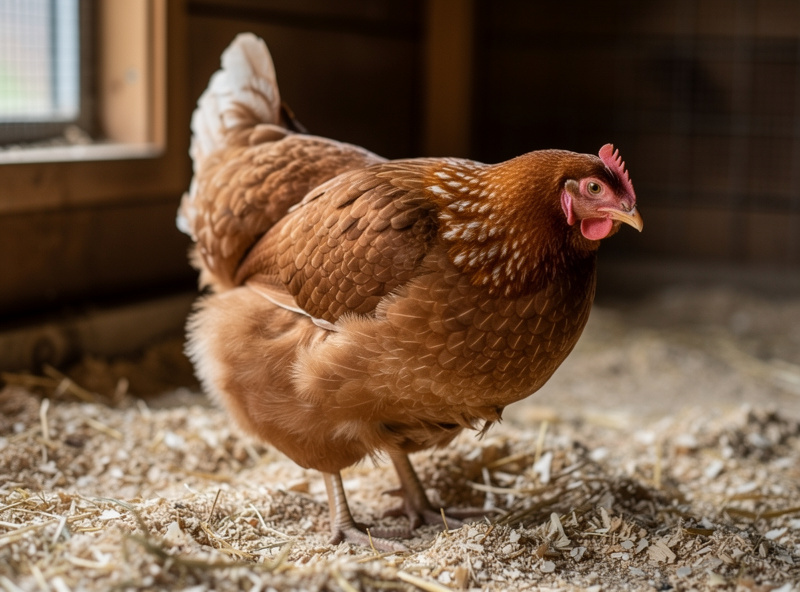 A hen standing in a hunched penguin-like upright posture showing possible egg-binding distress
