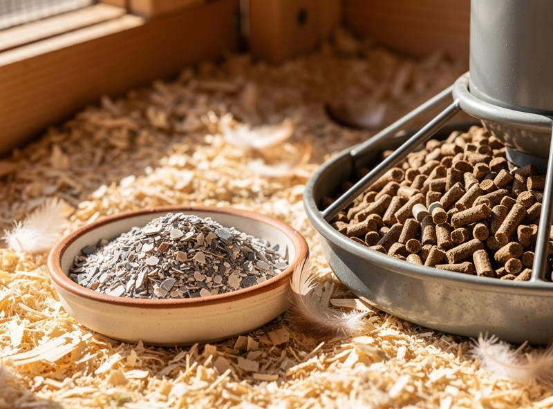 Free-choice crushed oyster shell in a dish beside layer feed as calcium support for laying hens
