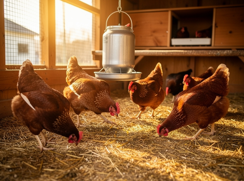 A healthy active backyard flock with constant water and free-choice calcium in a well-ventilated coop