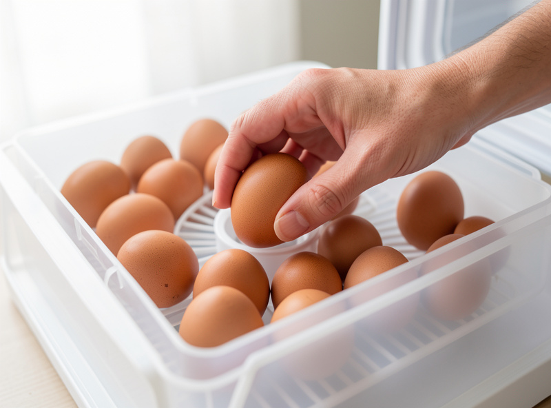 Brown chicken eggs being placed into the turning tray of a forced-air incubator