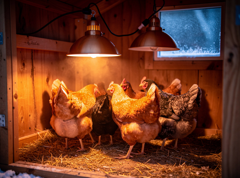 Backyard hens under warm supplemental coop lighting in winter