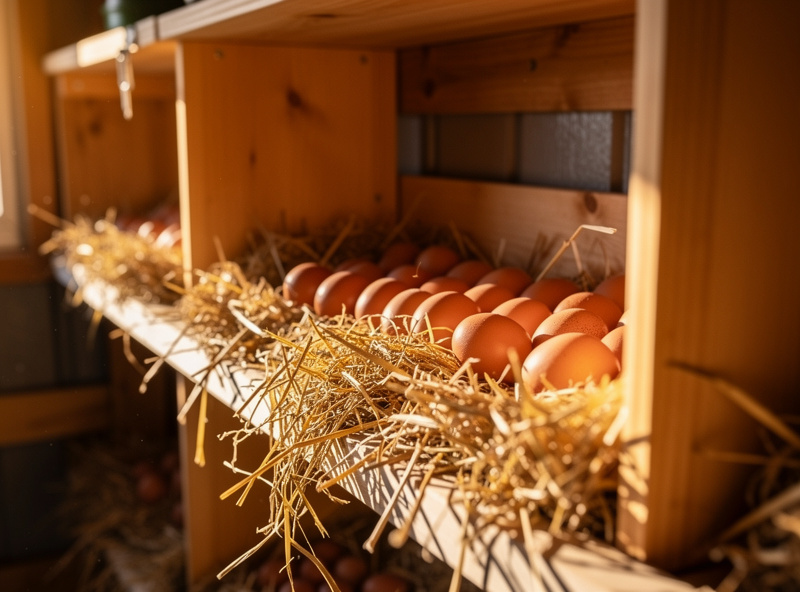 Clean wooden nesting boxes with fresh brown eggs and straw bedding