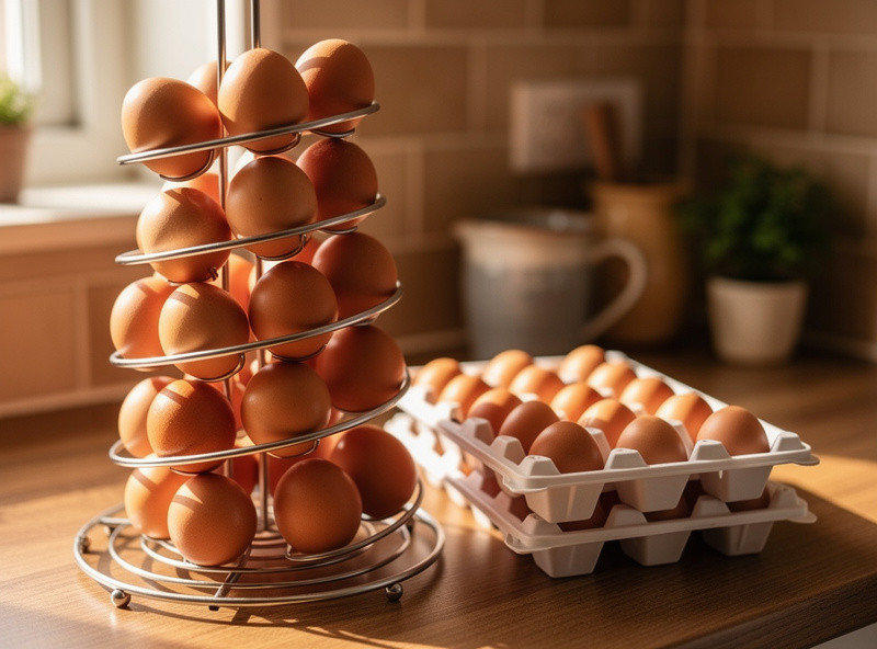 Fresh unwashed brown eggs in a countertop wire basket beside a refrigerator egg tray