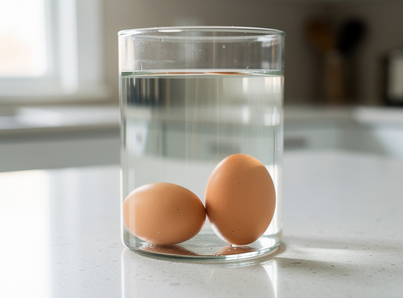 Float test showing a fresh egg lying flat and an older egg standing upright in a glass of water