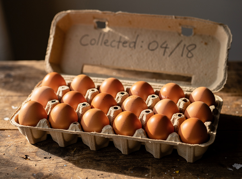 Brown eggs stored pointed-end down in a labeled egg carton with the collection date written on it