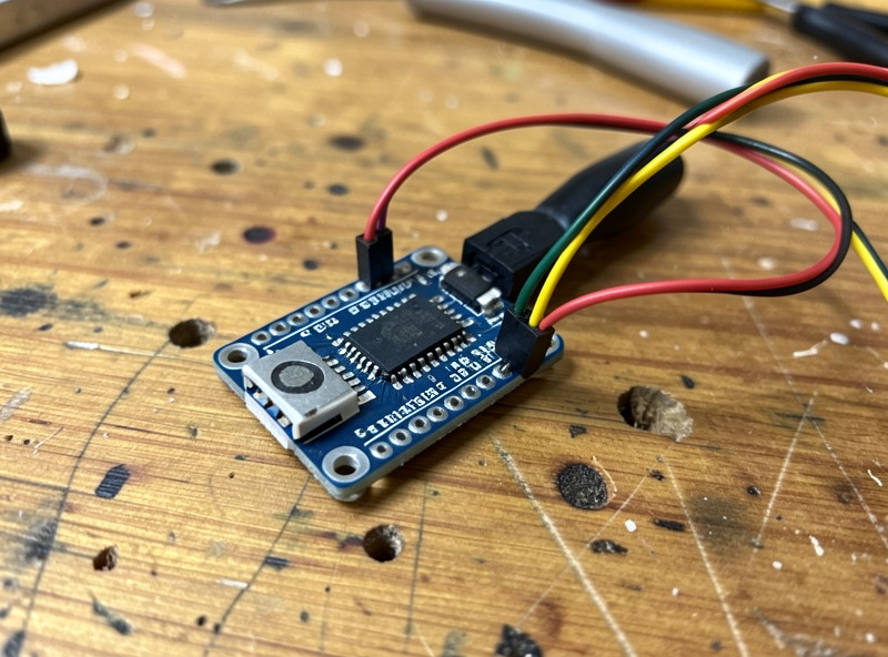 ESP32 development board wired to a small temperature and humidity sensor on a workbench