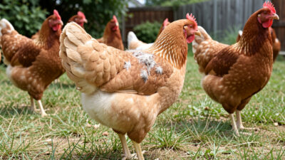 Backyard hen with a bald patch from feather picking by flockmates