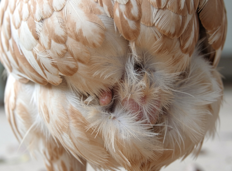 A hen with a bald patch on her back from feather picking by other chickens