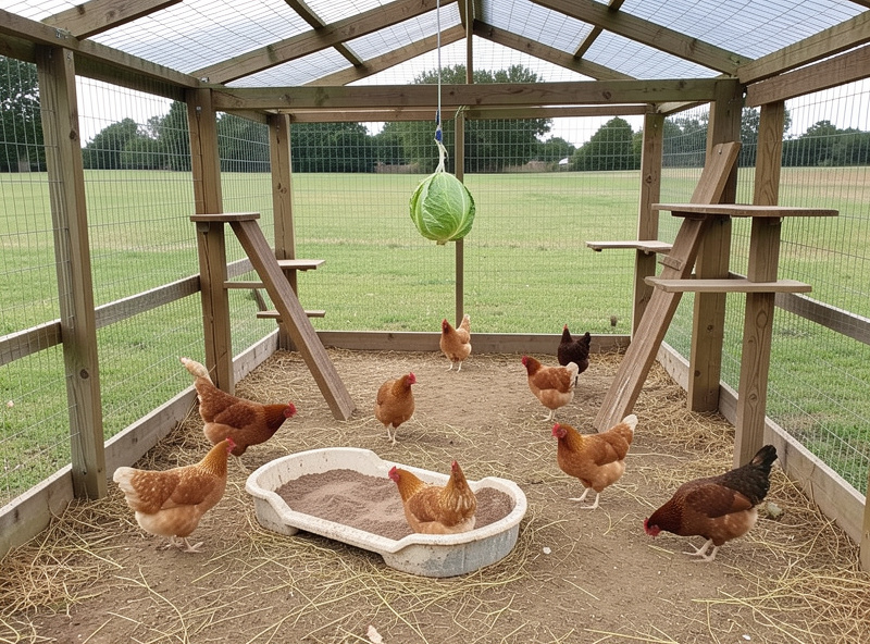 A spacious enriched chicken run with dust bath, perches and hanging greens to prevent boredom-driven feather picking