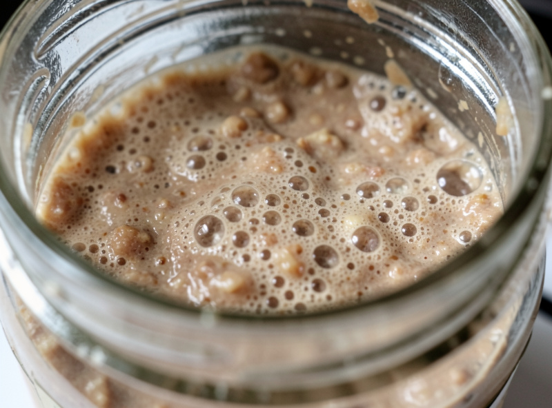 A glass jar of bubbly fermented chicken feed mash on a workbench beside dry pellets